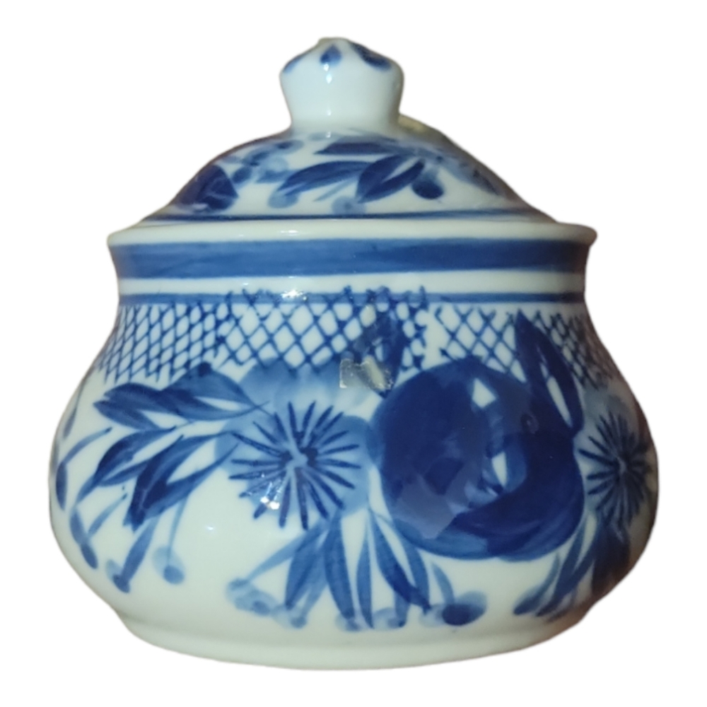 Vtg Blue White Floral Oriental Porcelain Lidded Sugar Bowl Dish - Picture 2 of 8